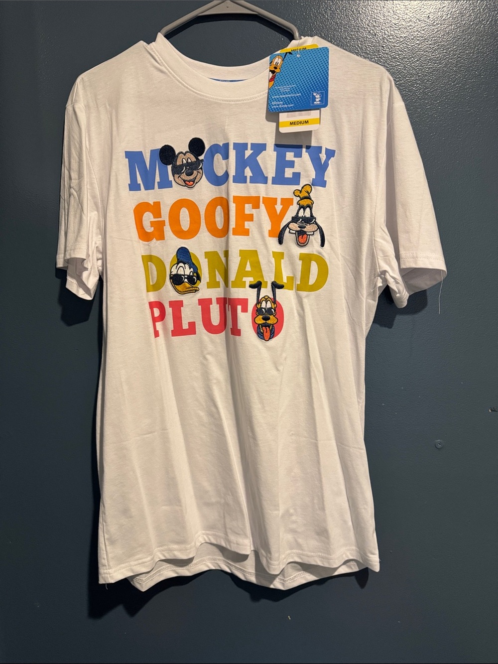Disney White Short Sleeve Tee with Colorful Mickey, Goofy, Donald & Pluto